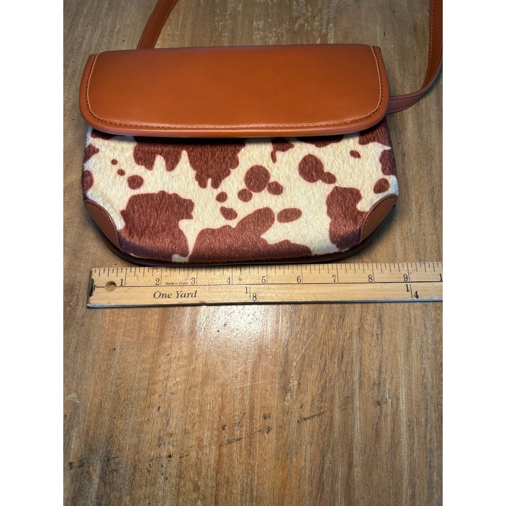 Cow Print Faux Fur Crossbody Bag Cognac Brown White Western Style Small‎ Purse - Picture 4 of 7